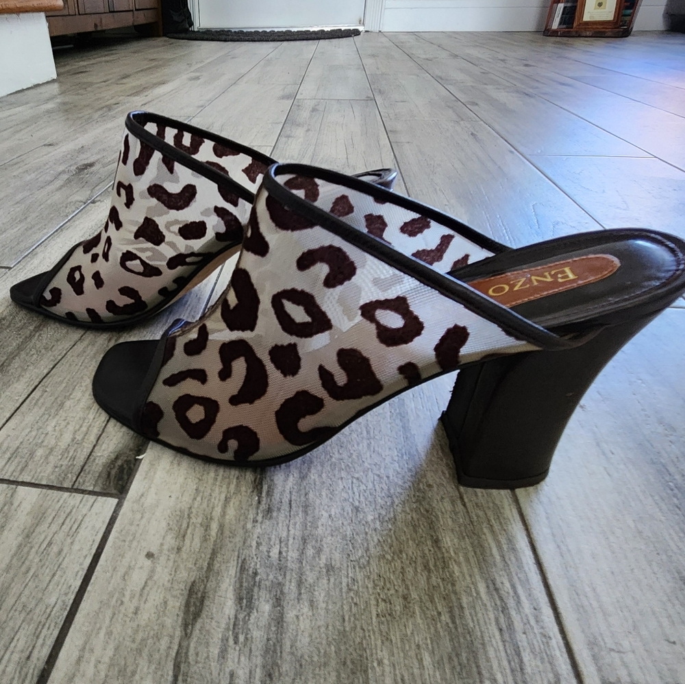 Enzo Angiolini Leopard-Print Open-Toe Mules in Brown and Black - Picture 3 of 12